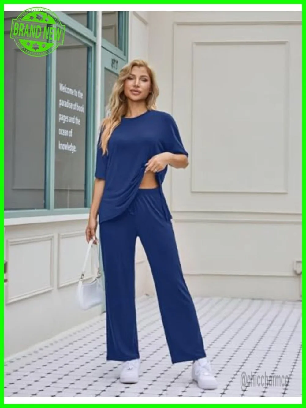 Women's Lounge Set Short Sleeve Top Long Pants 2 Piece Outfit with Pockets